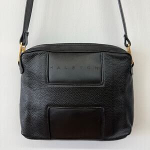 Vintage Halston Black Leather Shoulder Bag Gold Hardware Minimalist Style